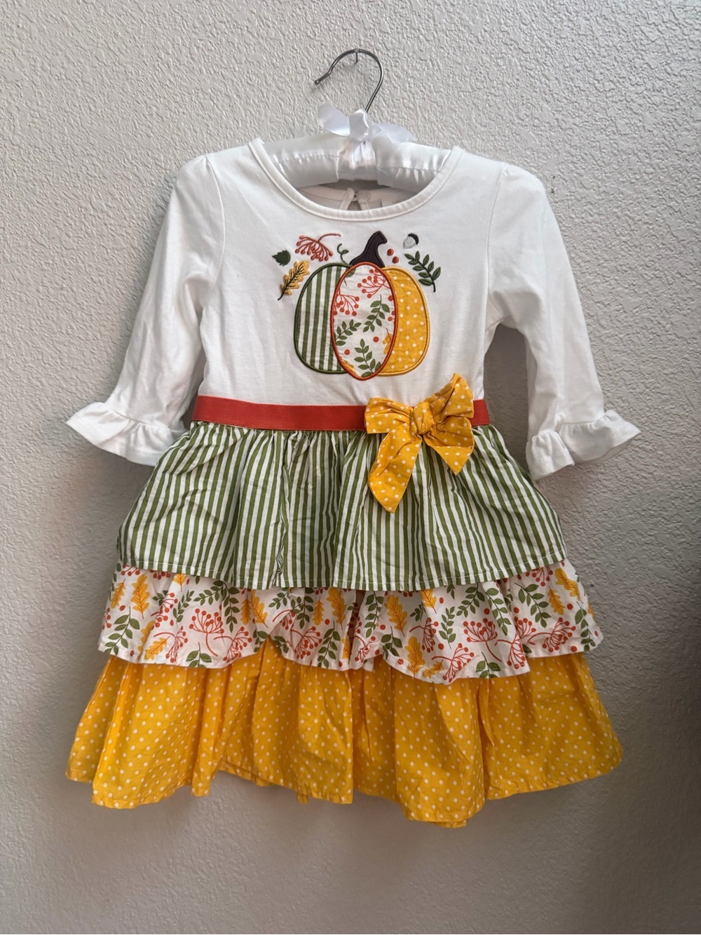 Girls' White & Yellow Pumpkin Tiered Dress - Fall outfit